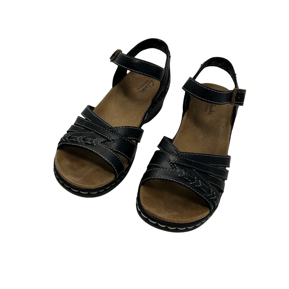 Clarks Bendables Black Leather Wedge Sandals Strappy Ankle Strap Womens 7.5 - Picture 2 of 14